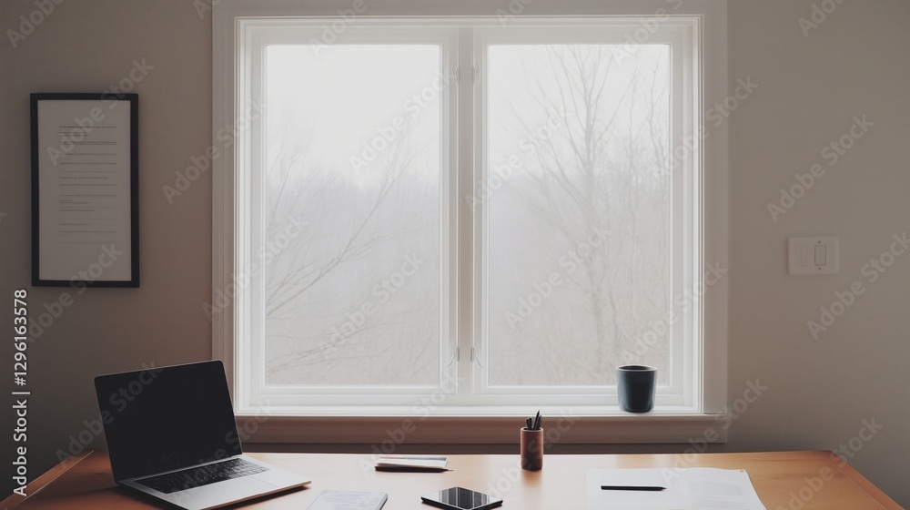Fototapeta premium Minimalist workspace showcasing intentional technology use with a sleek laptop and smartphone in natural light