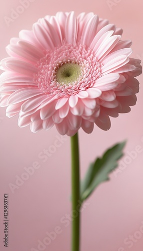 Single Pink Gerbera Daisy on a Pastel Pink Background, Minimalist Floral Photography for Spring