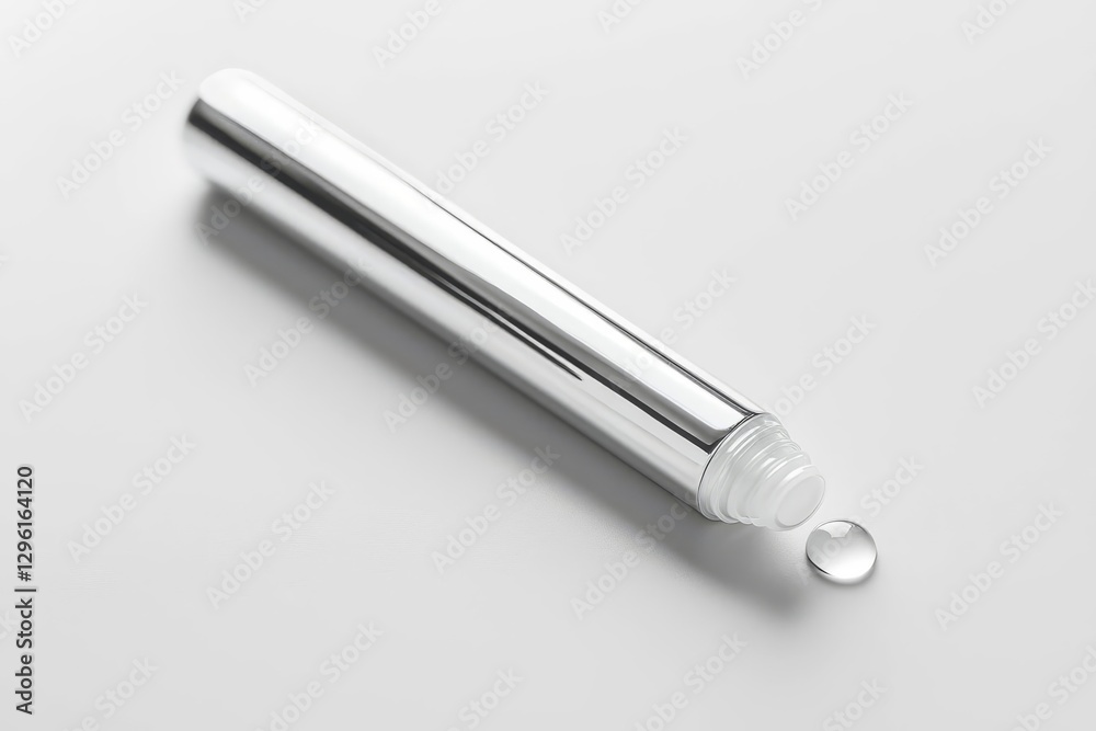 Silver cosmetic tube mockup with a drop of liquid on a clean white surface. Silver cosmetic tube mockup with a drop of liquid on a clean white surface.