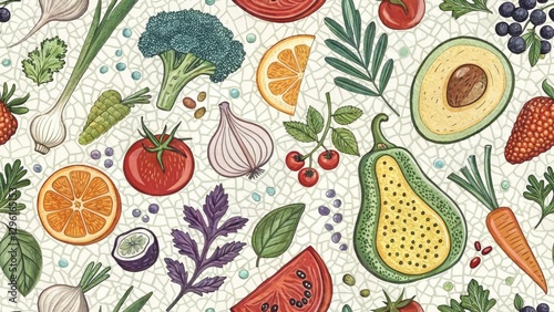Whimsical Cartoon Food Mosaic: Colorful Ingredients, Playful Design, Stock Photo