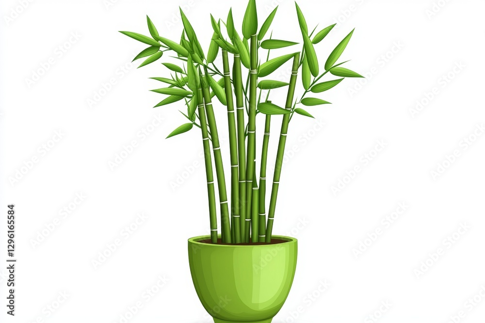 Obraz premium a 2D cartoon illustration of a bamboo plant in a pot, tall and green, white background