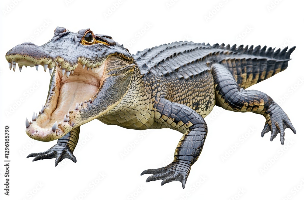Fototapeta premium Realistic depiction of a crocodile with an open mouth showcasing sharp teeth and intricate skin textures against a plain background