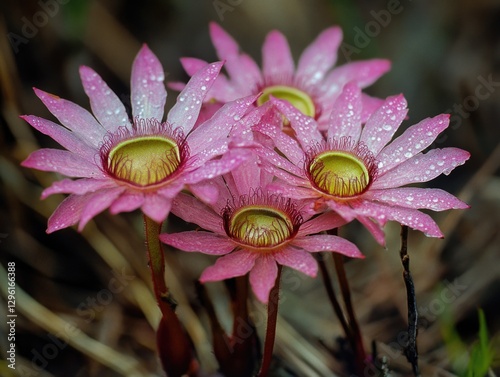 A group of pink flowers with yellow centers are drooping in the rain. The flowers are small and delicate, and their petals are wet from the rain. Concept of tranquility and peacefulness