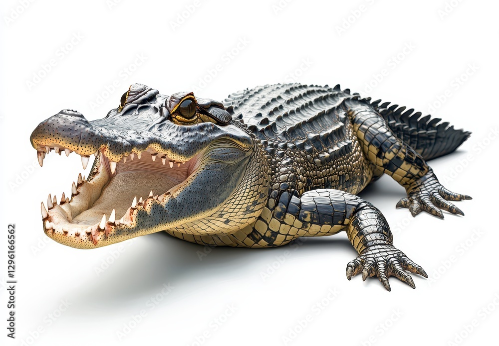 Fototapeta premium Realistic depiction of a large crocodile with an open mouth showcasing its sharp teeth, showcasing intricate scales and vibrant colors against a white background