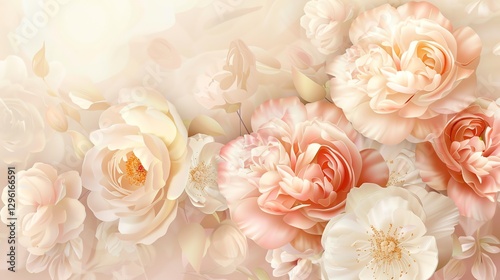 A floral arrangement with delicate peach and white roses on a soft background.