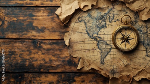 A vintage wooden background, adorned with a compass and a worn world map scattered across its surface, invites viewers to embark on an adventure.