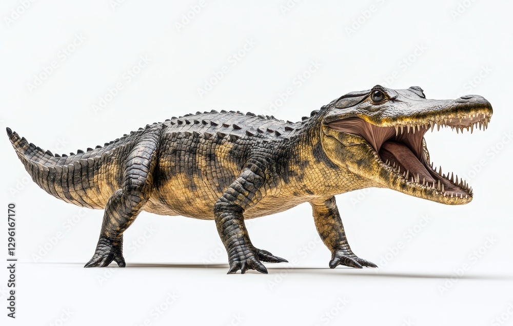 Naklejka premium Realistic depiction of a prehistoric crocodile-like creature showcasing detailed skin texture, open jaws, and vibrant colors against a neutral background