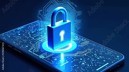 Digital security concept featuring a glowing padlock on a smartphone with a tech background