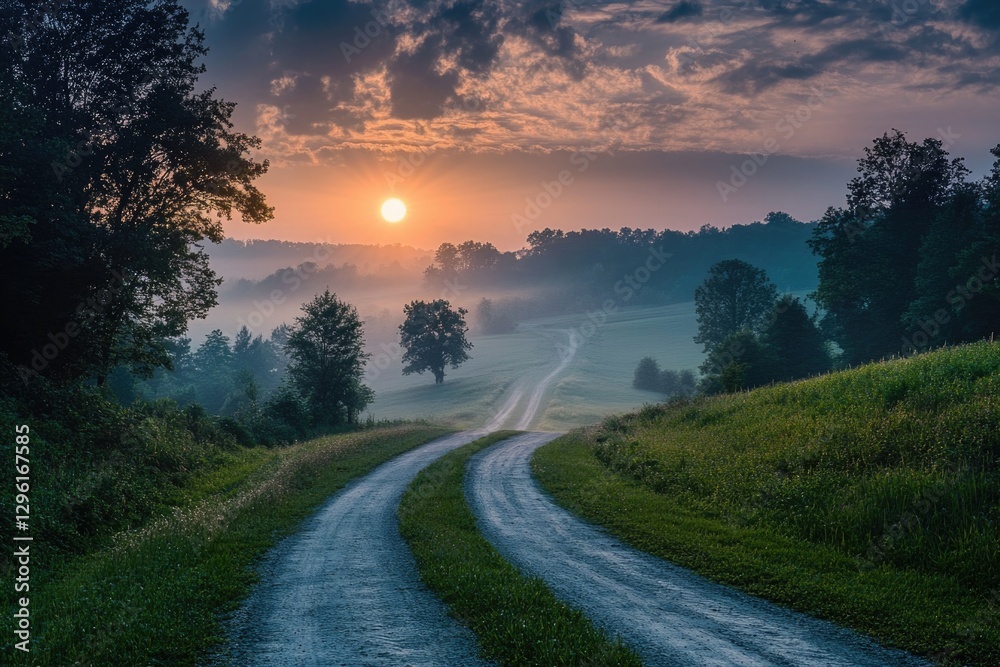 Obraz premium A quiet country lane at sunset with silhouettes of trees along the path.