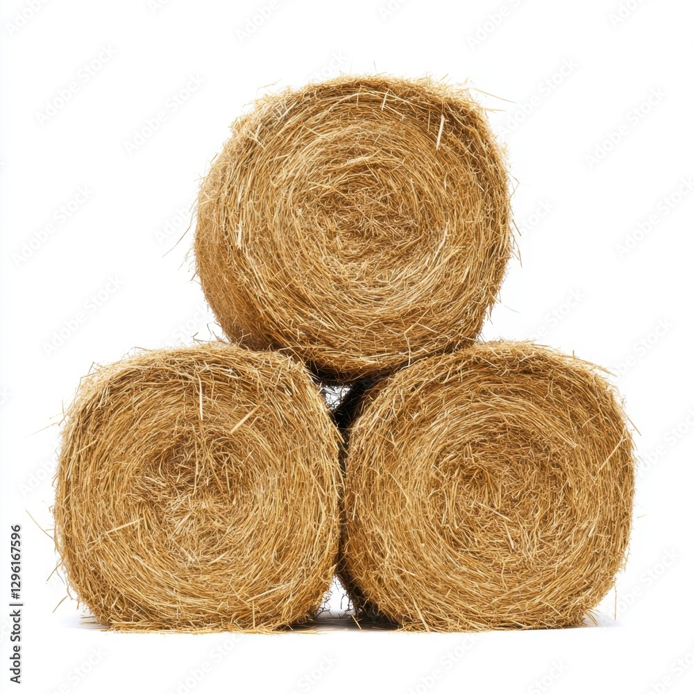 Three Round Hay Bales Stacked on a White Background for Agriculture Three Round Hay Bales Stacked on a White Background for Agriculture