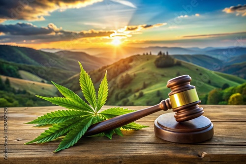 Cannabis Legalization: Gavel and Marijuana Leaf on Rustic Wooden Table Landscape