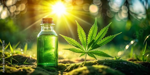 Cannabis Infused Beverage:  Sunlit Bottle & Green Leaf in Nature