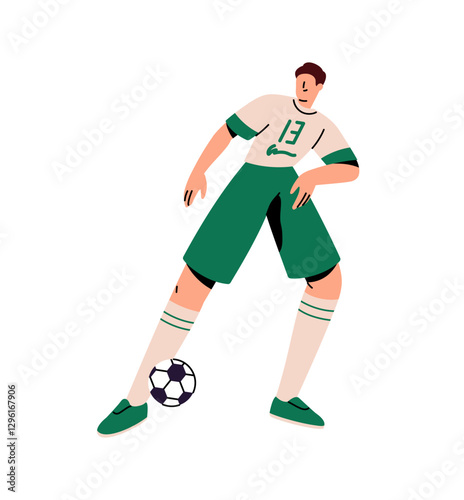 Professional football player catches and kicks ball. Sportsman in uniform plays soccer: passes, hits with his foot. Sports game match, training. Flat isolated vector illustration on white background