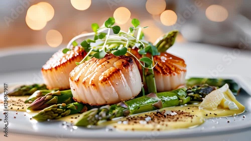 Grilled scallops with asparagus and lemon sauce prepared beautifully