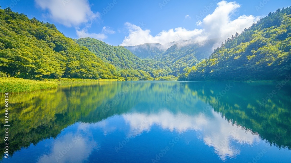 Serene Mountain Lake Surrounded by Lush Green Forest and Sky Serene Mountain Lake Surrounded by Lush Green Forest and Sky