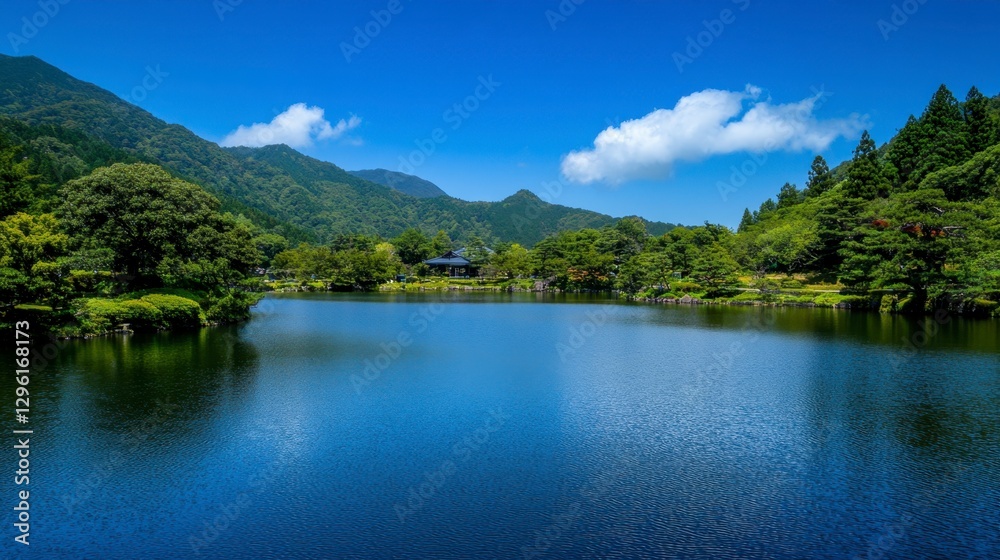 Tranquil Lake Surrounded by Lush Greenery and Mountain Landscape Tranquil Lake Surrounded by Lush Greenery and Mountain Landscape