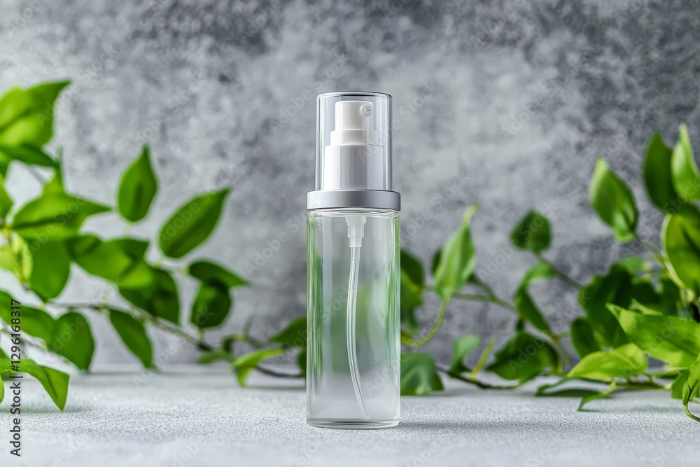 Cosmetic packaging mockup of a clear bottle with a pump on a soft grey background.