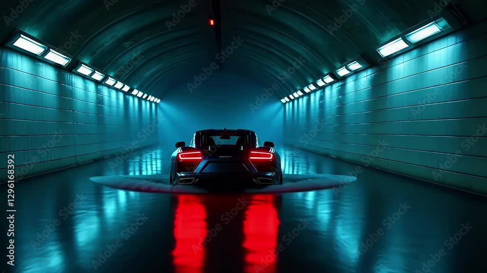 Sleek sports car illuminated by blue lights in an underground tunnel with reflective water