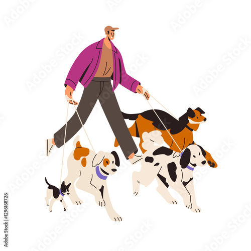Happy owner and many dogs walk together. Pet sitter leads doggy pack on leash. Person strolls with a lot of puppies outdoors. Volunteer with pups. Flat isolated vector illustration on white background