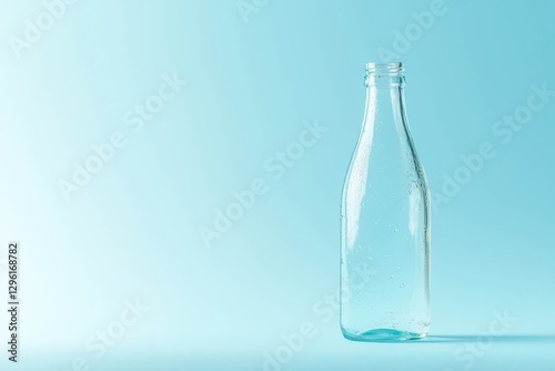 Clear glass bottle mockup with a droplet on a soft pastel blue background.