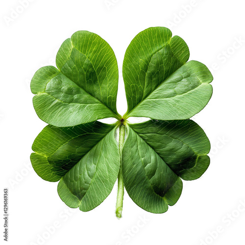Detailed view of a four-leaf clover symbolizing luck, fortune, and nature's beauty. The bright green leaves contrast against a clean background, creating a fresh and harmonious appearance.