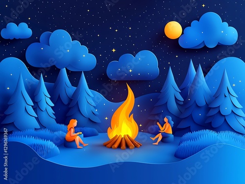 Two figures sit by a campfire under a starry night sky, a serene scene rendered in a vibrant, papercut style.  Perfect for illustrating themes of friendship, relaxation, adventure, or nature.
