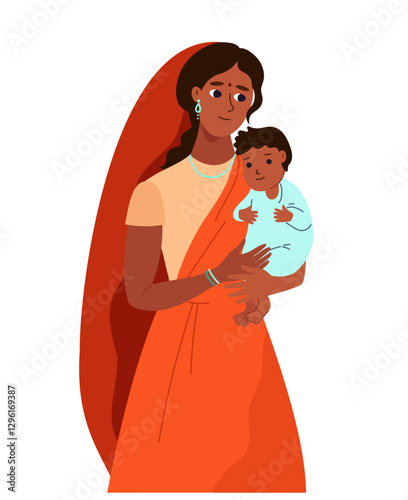 png Happy Indian young woman in traditional clothes holds  baby in her arms. Young smile Indian mom and little child. Vector cartoon flat  Illustration isolated on transparent background