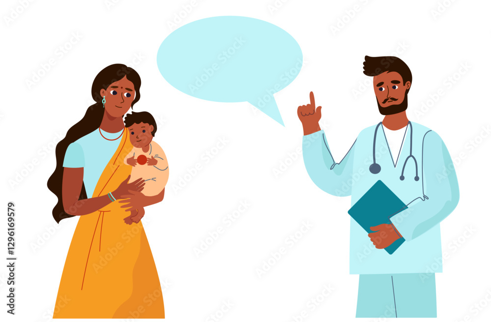 Indian mother with baby in her arms receives advice from male pediatrician. Pediatrics, consultations. India Medicine. cartoon flat vector illustration isolated on white background. Indian mother with baby in her arms receives advice from male pediatrician. Pediatrics, consultations. India Medicine. cartoon flat vector illustration isolated on white background.