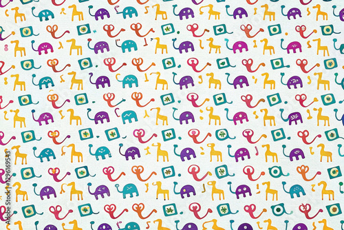 Colorful repeating pattern of stylized animals on white background.