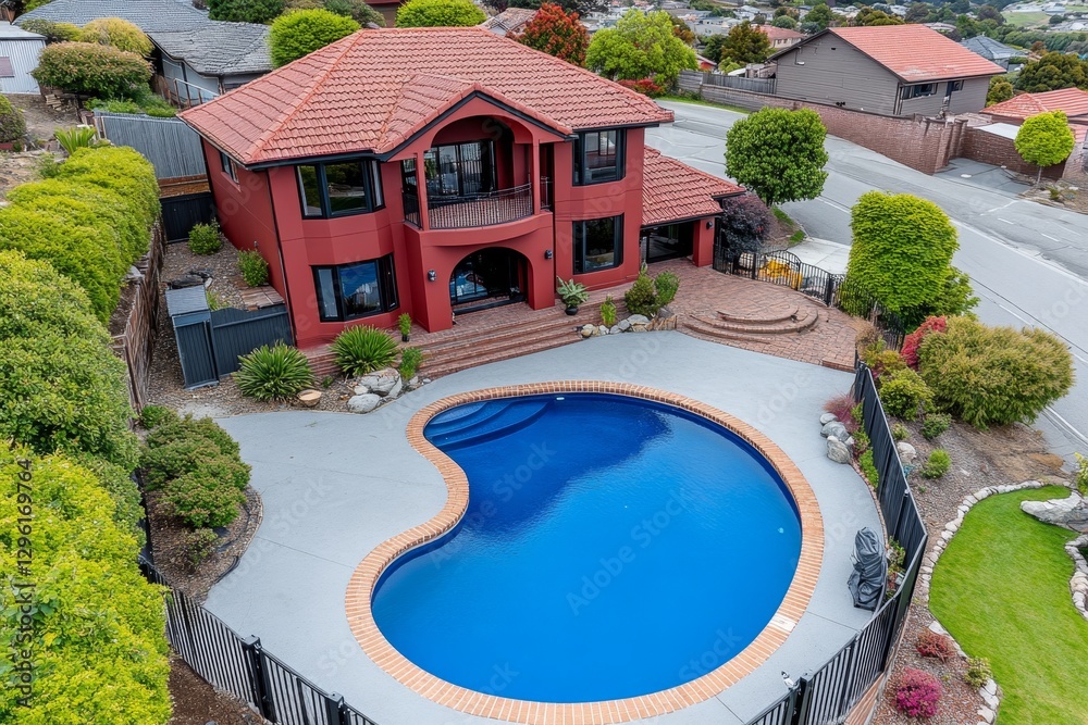 An aerial drone shot of the back garden and pool area of a large modern mansion in New Zealand An aerial drone shot of the back garden and pool area of a large modern mansion in New Zealand
