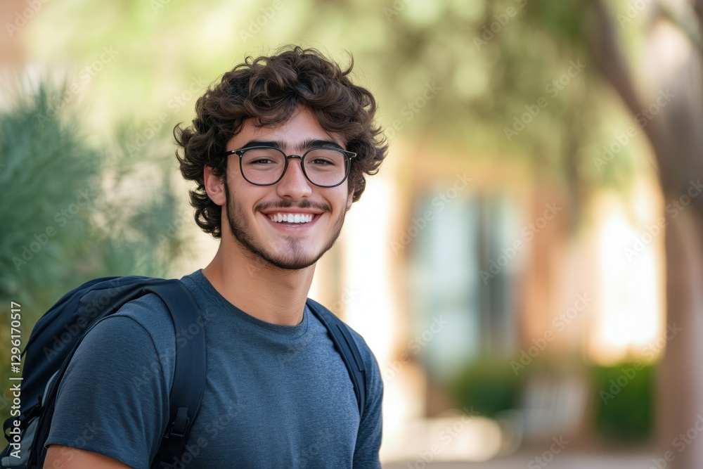 Portrait of smiling young man wearing eyeglasses and backpack outdoors, copy space Portrait of smiling young man wearing eyeglasses and backpack outdoors, copy space