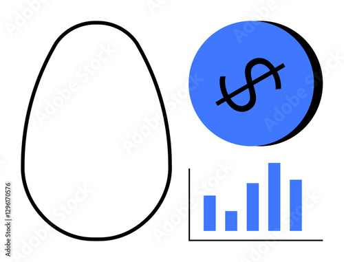 Black-outlined egg shape, blue circle with black dollar sign, blue bar graph with increasing bars. Ideal for finance, growth, savings, investments, wealth, business strategy economic progress