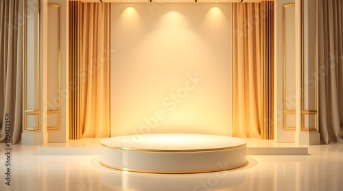 High-Resolution 3D Rendering of Luxury Gold Product Display Stage with Blank Pedestal and Elegant Backdrop – Soft Golden Glow Lighting for Commercial Quality Stock Photography