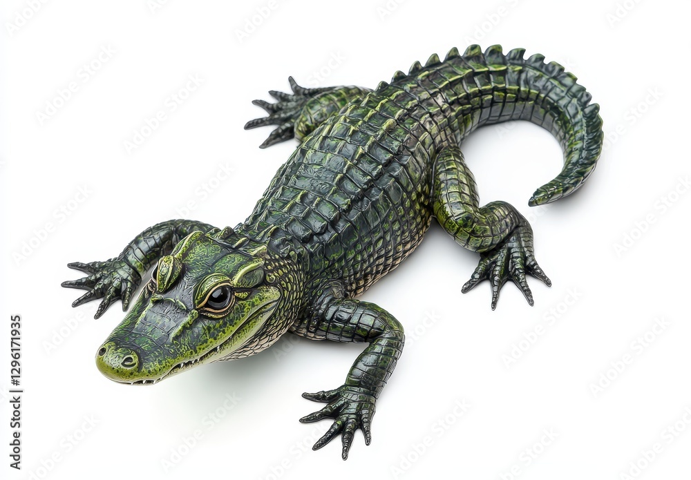 Naklejka premium Realistic model of a crocodile with detailed scales and lifelike features on a white background, showcasing wildlife art and craftsmanship