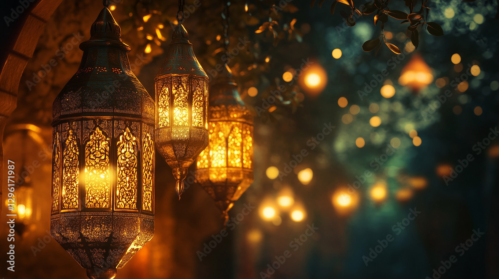 Golden lanterns glowing softly in a mystical Arabian night setting, intricate details, warm lighting. Ramadan concept