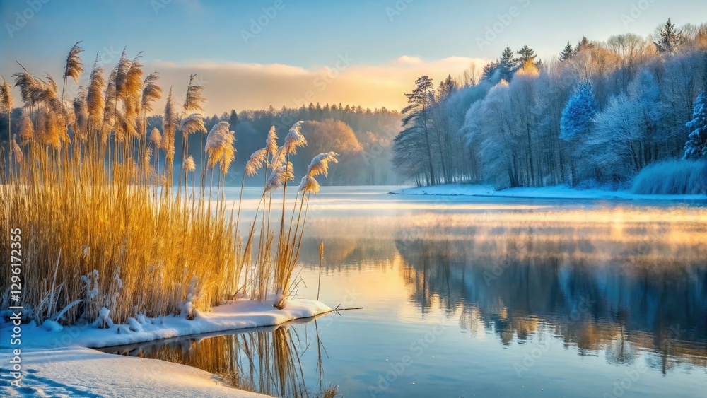 Fototapeta premium Low light paints a winter scene: frozen reeds, snowy lake, silent forest.