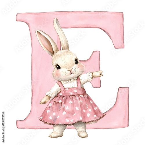 Adorable bunny in a pink dress stands proudly behind a large pink letter E, a charming watercolor artwork.