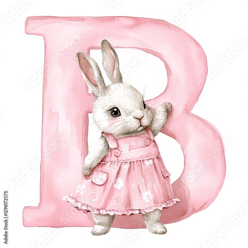 Adorable Bunny in Pink Dress Beside a Watercolor Letter B; Easter Charm!