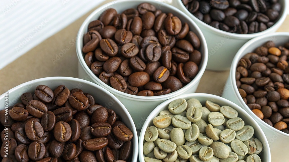 Elegant presentation of four bowls with coffee beans, displaying the progression of roast levels and the beauty of coffee in its different forms. Versatile image for luxury coffee brands and gourmet c Elegant presentation of four bowls with coffee beans, displaying the progression of roast levels and the beauty of coffee in its different forms. Versatile image for luxury coffee brands and gourmet c