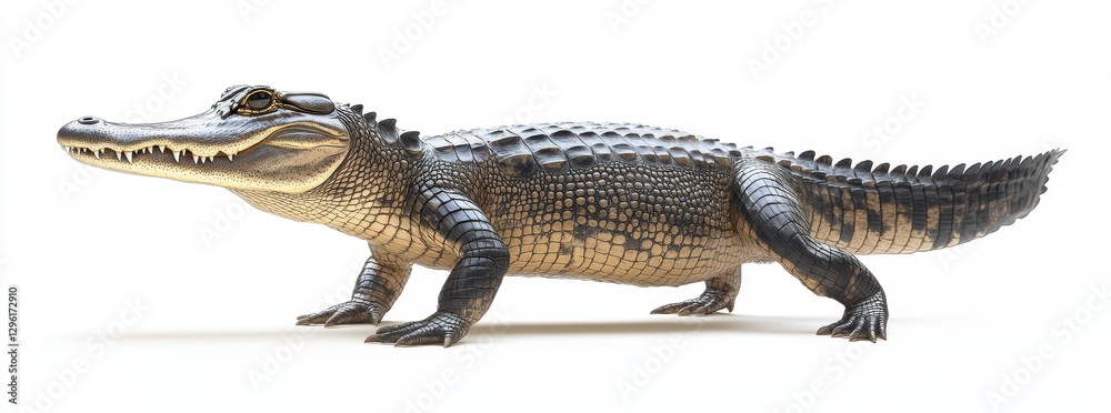 Fototapeta premium Realistic Rendering of a Crocodile on a White Background, Displaying Textures and Details of Its Scales and Features