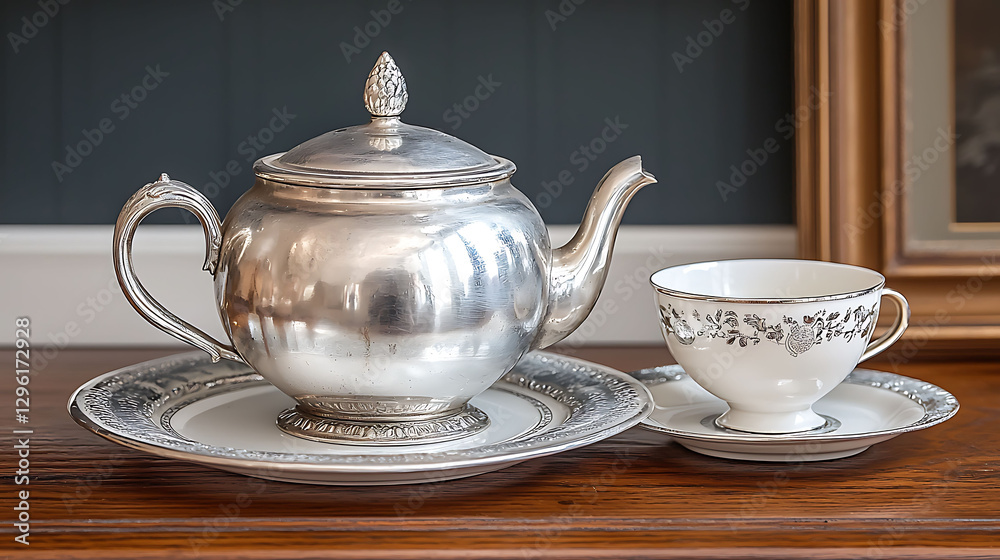 Elegant silver teapot and teacup set on a wooden surface. Classic design, perfect for vintage, luxury, or home décor themes. Evokes feelings of sophistication and tranquility. Elegant silver teapot and teacup set on a wooden surface. Classic design, perfect for vintage, luxury, or home décor themes. Evokes feelings of sophistication and tranquility.