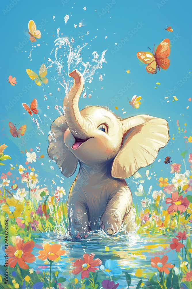 Obraz premium Cute baby elephant splashes joyfully in a vibrant field of flowers with butterflies during a sunny day