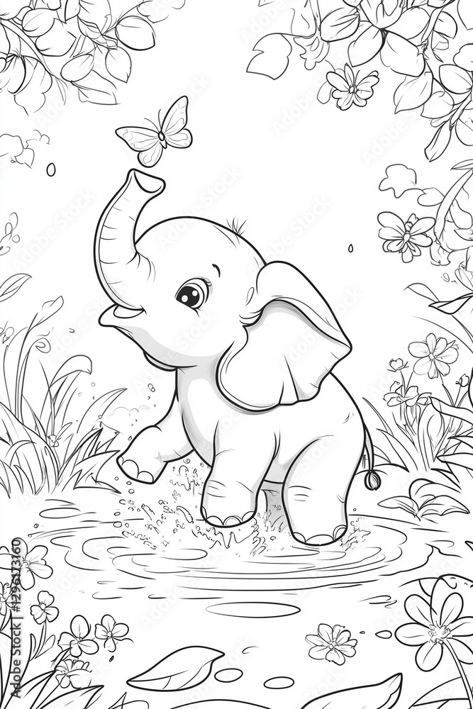 Obraz premium Cute baby elephant joyfully splashing water while playing with butterflies in a vibrant flower-filled habitat