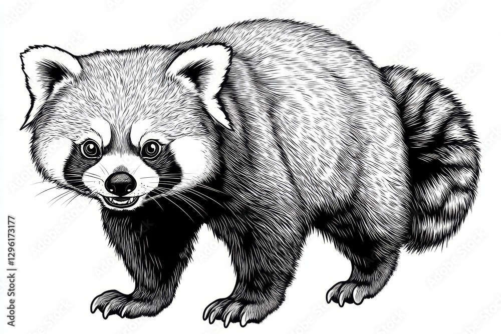 Obraz premium Black and white line drawing illustration of an American red panda walking towards the viewer, smiling with its tail raised up in front of it. The lines should be clean and precise to highlight