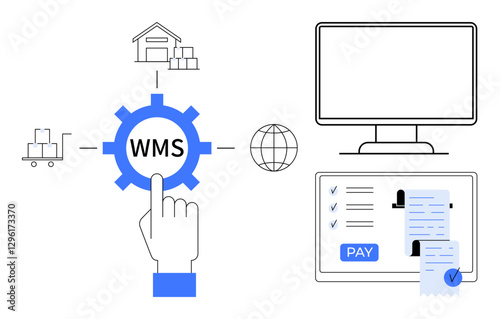 Hand points at WMS gear, connecting warehouse, shipment, globe. Computer and payment processing on right. Ideal for logistics, inventory management, supply chain, e-commerce order fulfillment