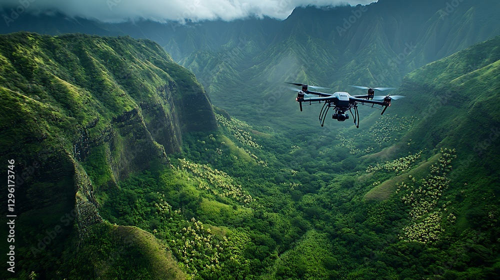 Drone Flying Over Lush Valley and Mountains, A drone flying over a lush green valley surrounded by steep mountains under a cloudy sky Drone Flying Over Lush Valley and Mountains, A drone flying over a lush green valley surrounded by steep mountains under a cloudy sky