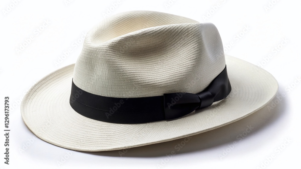 Classic White Panama Hat with Black Ribbon - Elegant Headwear Stock Photo Classic White Panama Hat with Black Ribbon - Elegant Headwear Stock Photo