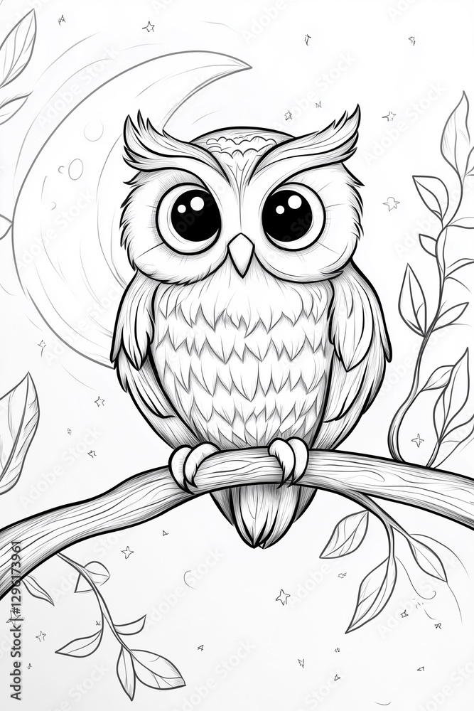Fototapeta premium Sweet owl perched on a branch under a crescent moon with stars twinkling in the background at night