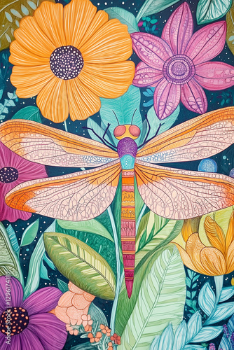 Colorful kids coloring book cover featuring a dragonfly surrounded by vibrant flowers and leaves