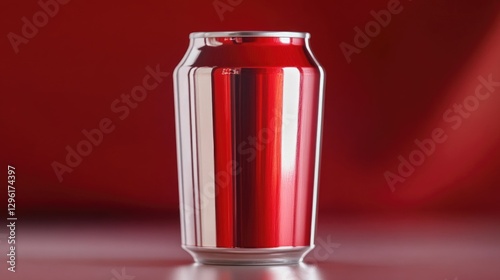 A can of soda is sitting on a table. The can is red and shiny. The image has a bright and cheerful mood